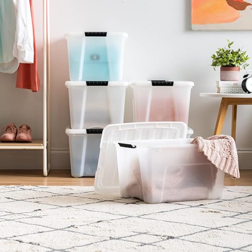 Image of IRIS USA 40 Qt Stackable Plastic Storage Bins with Lids, 6 Pack - BPA-Free, Made in USA - Discreet Organizing Solution, Latches, Durable Nestable Containers, Secure Pull Handle - Pearl