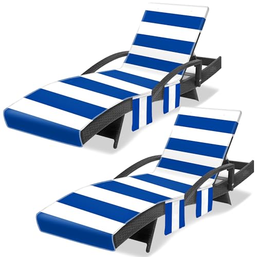 Ruikyhom Lounge Chair Towel Cover, Chaise Lounge Cover (Pack of 2), Beach Chair Covers with 3 Pockets for Pool Sunbathing Beach Garden Courtyard Outdoor Trips, 85 x30 in, H Striped Dark Blue