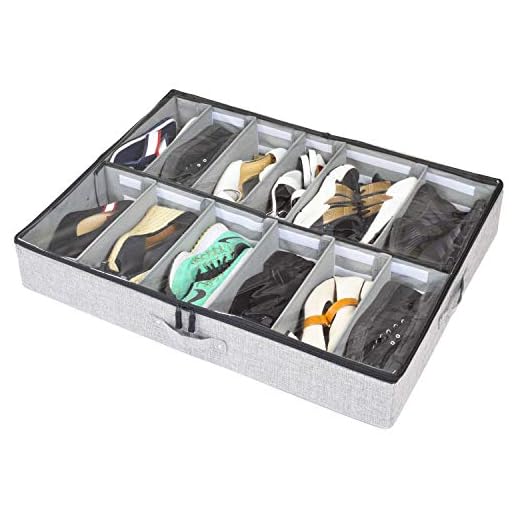 storageLAB Under Bed Shoe Storage Organizer, Adjustable Dividers - Fits Up to 12 Pairs - Underbed Storage Solution (Grey)