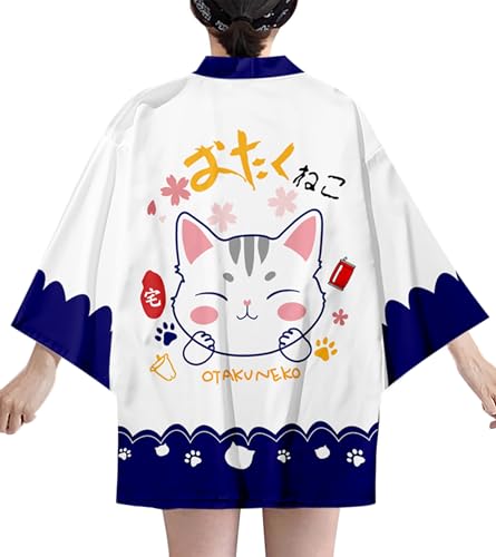 Image of LAI MENG FIVE CATS Women's Lucky Cat Cardigan Kimono Loose Cover up Casual Blouse Cute Tops