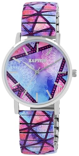 Raptor Colorful Edition Damen-Uhr Zugband Edelstahl Motiv Bunt Print Analog Quarz RA10205