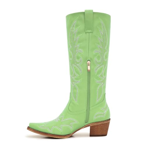 Image of Uillnoodu Women's Turquoise Cowgirl Boots - Wide Calf Mid Calf Western Boots Plus Size Embroidered Cowboy Style with Block Heel
