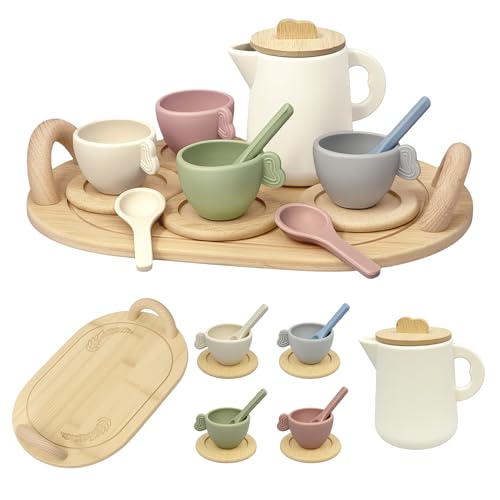BOMOKS Wooden Tea Set for Toddlers 3-5 15-Piece Pretend Play Kitchen Toys