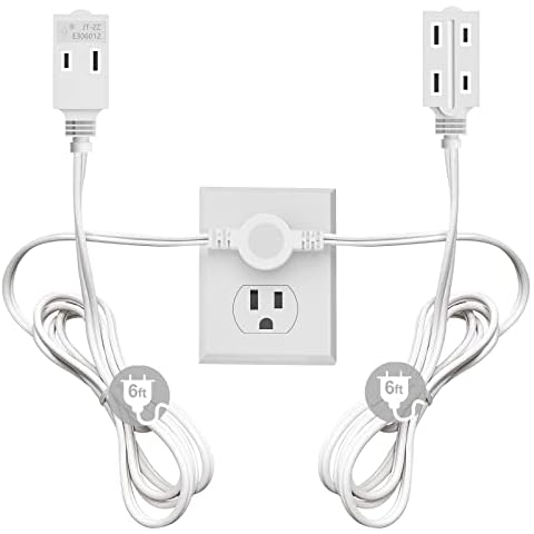 Twin Extension Cord Power Strip - 12 Feet Cord - 6 feet on Each Side - Flat Head (Wall Hugger) Outlet Plug - 6 Polarized Outlets with Safety Cover-White Cover