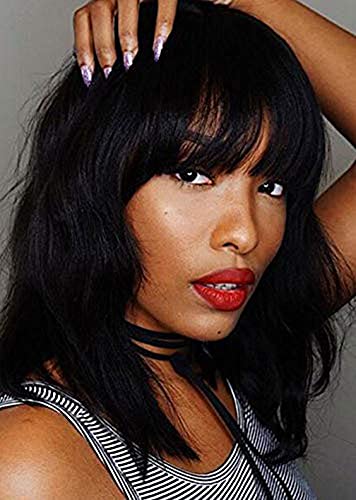 14 Inch Black Wigs for Women, Short Wavy Curly Wigs with Bangs, Heat Resistant Synthetic Hair Wigs, Natural Hair Replacement Wigs for Daily Wear + 2 Free Wig Caps (Natural Black)