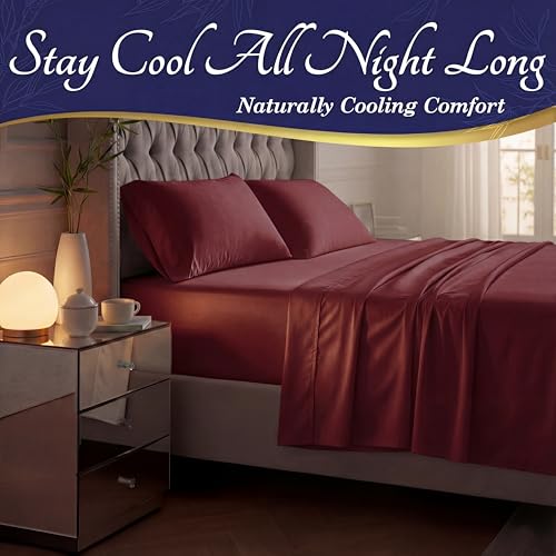 Image of DECOLURE 100% Viscose Derived from Bamboo Sheets Full Size - Luxury 4 Pc Naturally Cooling Sheets, Ultra Soft Bed Set - Deep 17 inch Pockets, Durable Double Stitching, Oeko Tex Standard (Burgundy)