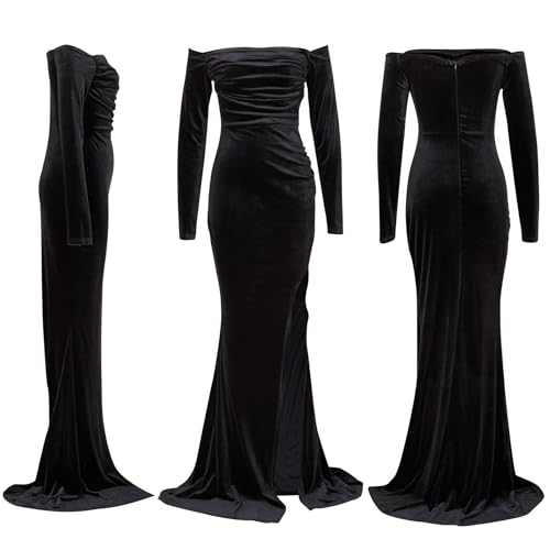 Vakkest Women Off The Shoulder Formal Dresses Long Sleeve Evening Party Velvet Maxi Dress High Split Cocktail Gowns3