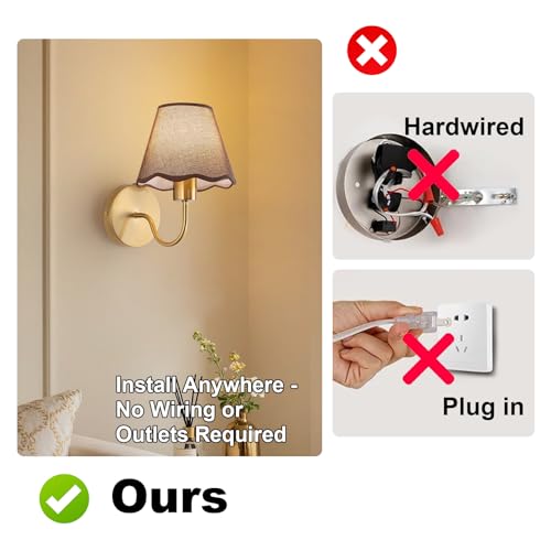 Image of ADISUN Battery Operated Wall Sconce Set of 2, Gold Wall Lamps Rechargeable Bulbs for Living Room, Brown Rattan Shade, Wireless Wall Lights for Bedroom Living Room Hallway Kitchen(2 Bulbs Included)