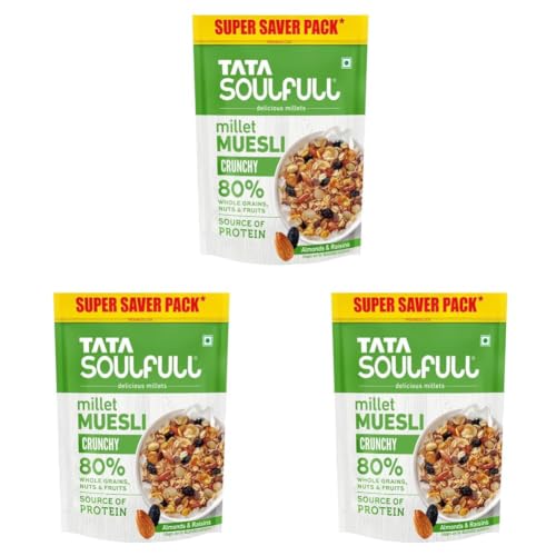 Image of Tata Soulfull Crunchy Millet Muesli, 700 g, Contains Wholegrains Nuts & Fruits, Source of Protien, High Fibre, Contains Ragi & Jowar (Pack of 3)