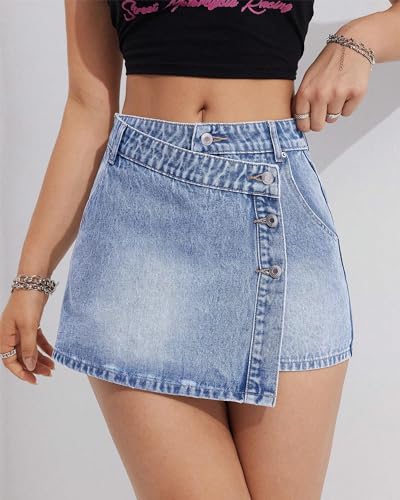 Women's Denim Mini Skirt Non-Stretch Classic Short Jean Skirt Vintage High Waist A-Line Fit.4