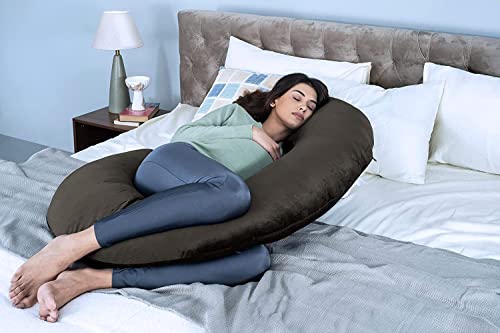 Image of C-Shaped Sleeping Pregnancy Pillow| Removable Washable Velvet Covers with Zipper| PregnoCare Fibres| Maternity, Nursing| Full Body Soft Support Bump, Head, Back, Shoulder, Hips, Legs and Belly (Brown)