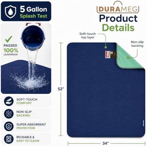 Image of DURAMEG Reusable Underpads 34x52 (2 Pack) Washable Bed Pads for Incontinence Adults, Waterproof Mattress Protector, Puppy Pads Washable, Heavy Absorbent, Leakproof, Non Slip Backing
