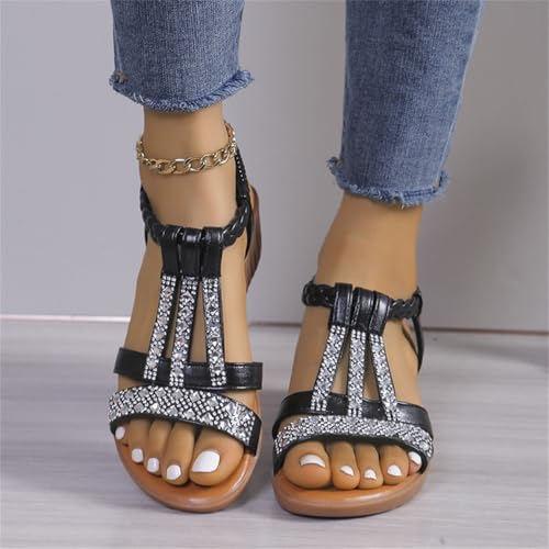 Womens Low Wedge Sandals Open Toe T-Strap Rhinestone Beaded Beach Shoes Slip On Ankle Strap Sandal with Arch Support2