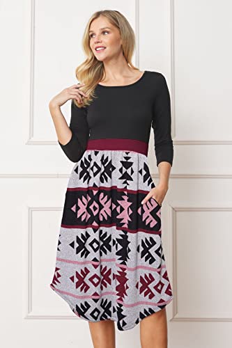 Image of Eloges Women's 3 /4 Sleeve Contrast Waist Band Floral Curved Hem Midi Dress