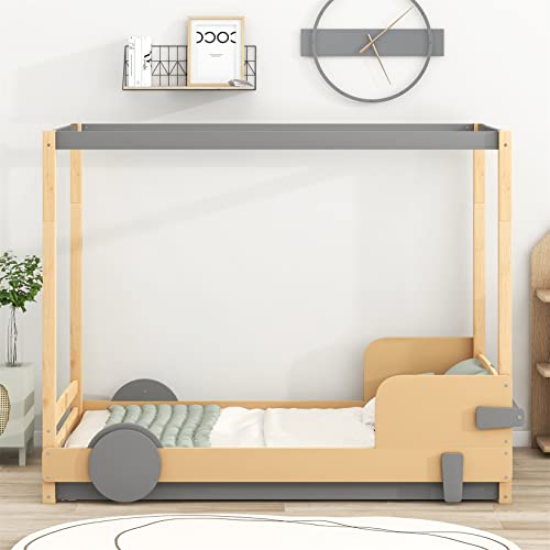Canopy Bed Car Shaped Twin Platform Beds Wood Floor Bed Frame For Kids Boys Girls Juniors, Twin Size, Natural With Gray #TOP1