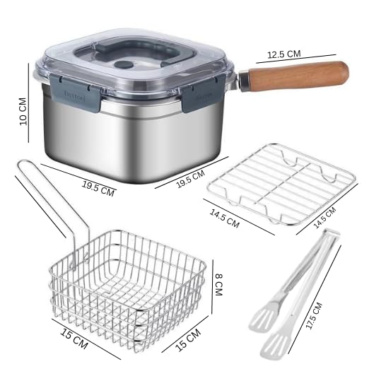 Image of Stainless Steel Square Oil Filter Frying Pot With Lid | Multi-Functional Tempura Deep Fryer & Steamming Pot | Kitchen Stock Pot For Cooking Portable Crisper Pan.
