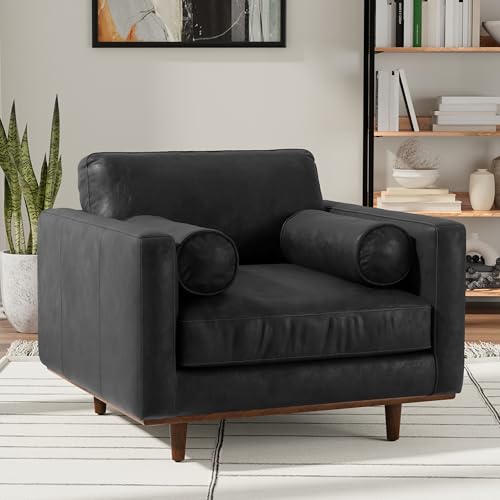 SIMPLIHOME Morrison Arm Chair - 42 inch Wide Upholstered Genuine Leather Mid-Century Modern Accent Chair in Graphite Grey with Solid Wood Legs, Reversible Bolster Pillows and Reclined Back