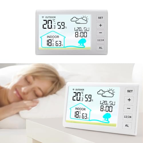 Alnicov Multifunktionale Digitaluhr Innen-Außenthermometer Hygrometer Farbbildschirm Drahtlose Wetterstation Weiß
