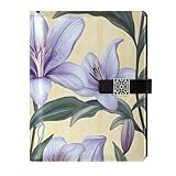 EtherSpher Notizbuch mit hellvioletten Lilienblüten, hellgelben Streifen, liniertes Leder, liniert,...