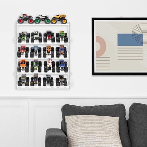 Assembly Monster Trucks Display Case Holding for 20 Monster Trucks Acrylic Storage Case 5 Tiers Monster Trucks Organizer with Tilted Design, Display Case for Toy Trucks (Transparent)