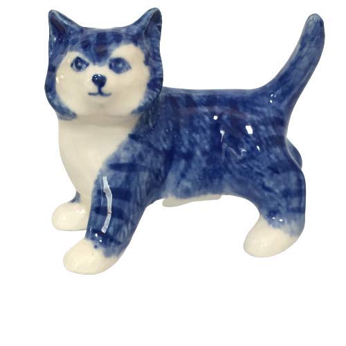 Ceramic Figurine Dollhouse cat Delft Blue White Collectible Miniature Bonsai Garden Handmade Painted...