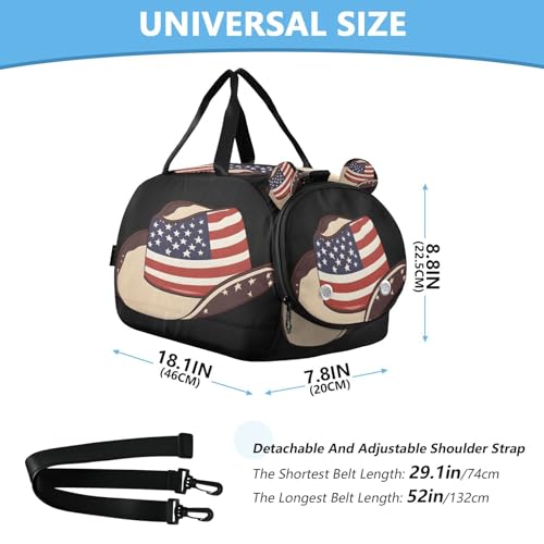 Gym Travel Duffle Bag for Boys Girls Usa Flag Cowboy Hat Sports Dance Bag with Shoe Compartment & Wet Pocket Football Kids Travel Bag Teens Sleepover Carry3