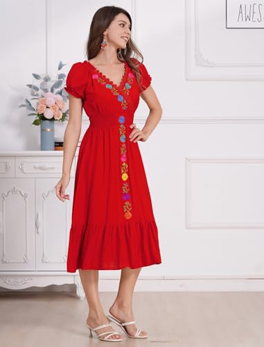 Women Mexican Dress V Neck Floral Embroidery Ruffle Dress Short Puff Sleeve Spring Summer Cinco De Mayo Party Dresses4