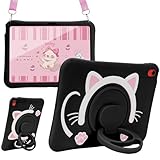 Carechoi Kids Case for iPad A16 11th Generation 11 inch 2025, iPad 10th Generation 10.9 inch 2022, Cute 3D Cat with 360° Rotating Stand, Adjustable Strap, Shockproof Silicone Cover for Girls (Black)