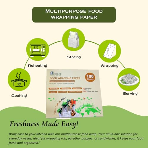 Image of 100 Sheet Food Wrapping Paper Sheets for Roti, Paratha, Sandwich & Burger | 100% Organic Wood Pulp, Biodegradable, Oil & Grease Resistant, Non Stick, Microwave & Oven Safe | Pack of 4