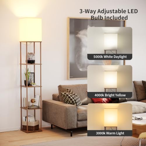 Image of SUNMORY 5 Tier Floor Lamp with Shelves, Standing Lamps for Living Room | 3 CCT LED Bulb Include, 70 inch Tall Corner Shelf Lamp, Display Bookshelf, Modern Style for Bedroom, Office, Home Decor