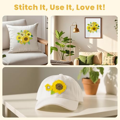 Image of HTVRONT 3D Sunflower Embroidery Kit for Beginners | Step-by-Step Video Tutorials, Simple 5 Stitches, Includes Multiple Accessories, for Adult Crafts