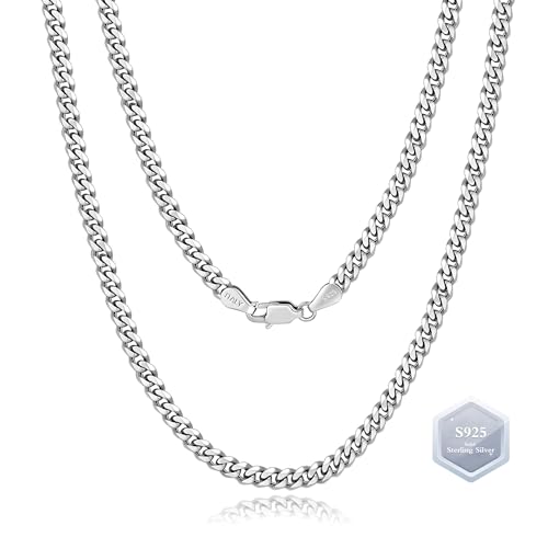 Italian Solid 925 Sterling Silver Chain Necklace for Women, 4.0mm Cuban Link Chain Necklace 14K White Gold Vermeil Sterling Silver Necklace for Women Men 16
