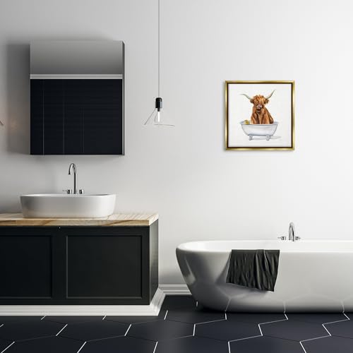 Image of Shaggy Country Cattle in Tub, 17 x 17 Inch Canvas in Floater Frame | Stupell Industries . By Donna Brooks . Ready to hang . Bathroom or farmhouse decor . Made in USA