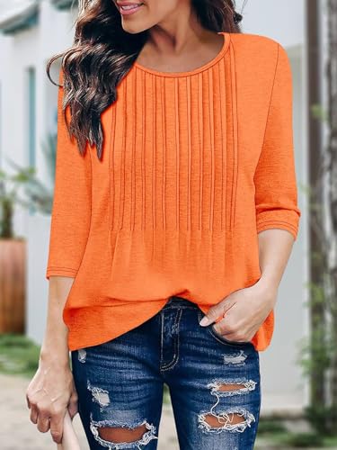 KISSMODA Tunic Tops for Women Loose Fit Dressy Round Neck Pleated 3/4 Length Sleeve Spring Tops