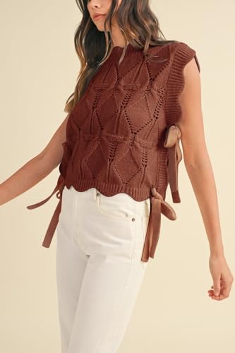 Image of Women Side Tie Sweater Vest Scallop Trim Mock Neck Knit Vest Bow Lace Up Ribbon Sweater Tank Top Knitwear