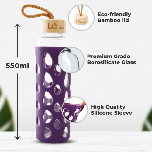 Image of The Better Home Borosilicate Glass Water Bottles 550ml, Pack of 2 with Silicone Sleeve & Bamboo Lid, Fridge Bottles for Home & Office, Purple