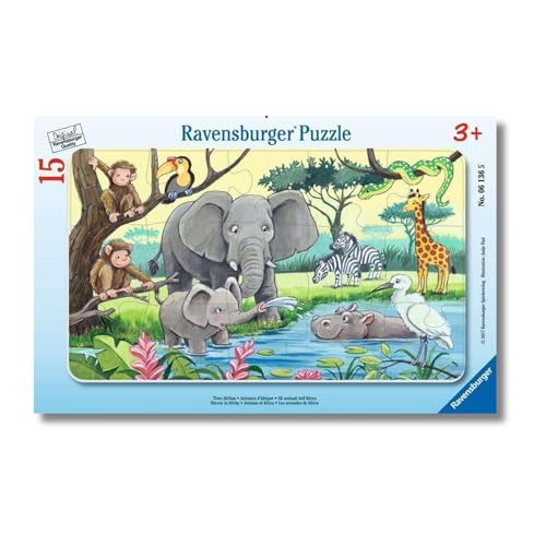 Ravensburger - Animali Dell'Africa, Puzzle 3+ Anni, 15 Pezzi Con Cornice