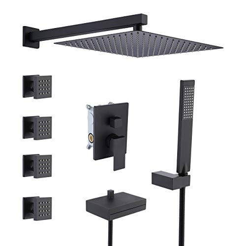 KES Rain Shower System, Full Body Shower System with Body Jets, 12-Inch Rain Shower Head, Handheld Shower Head and Waterfall Tub Faucet, Matte Black, XB6405-BK