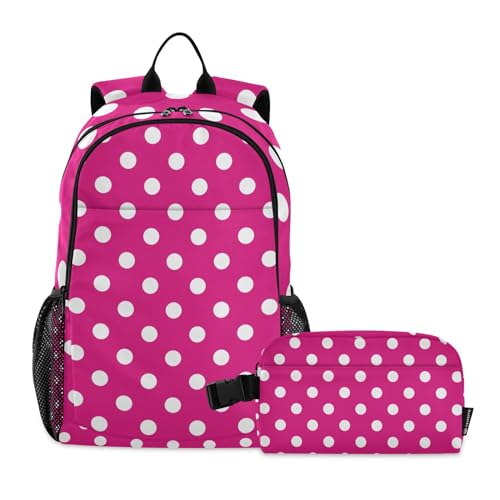 GAIGEO Hot Pink Polka Dot Backpack and Lunch Box, Breathable Mesh School Bookbag, Backpack School, Kids Backpack Boys