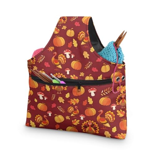 LVEWYB Bolsa de fio de abóbora de peru de ação de graças, organizador de saco de crochê, bolsa de armazenamento de tricô de grande capacidade, bolsa organizadora de fios de artesanato de viagem com