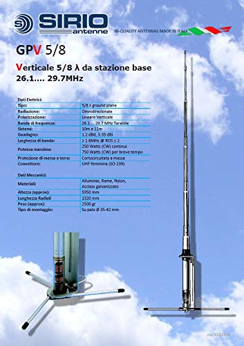 SIRIO ANTENNA DA BASE GPV 5/8 GROUND PLANE, Frequenza 26.10-29.7 MHz