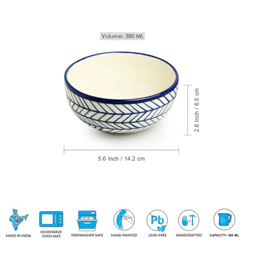 Image of ExclusiveLane 'Indigo Chevron' Ceramic Bowls for Serving Bowl Set (Set of 4, Microwave & Diswasher Safe, Each Bowl Capacity : 380 ml) |Bowl for Kitchen Snacks Serving Bowl Ceramic Snack Bowl
