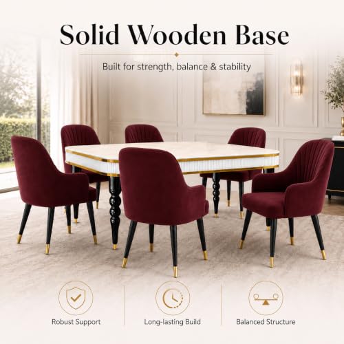 Image of 6-Seater Dining Table Set with Nano Composite Marble Top | Golden PVC Wooden Base | Includes 6 Fabric Upholstered Chairs | 2 Year Warranty | Dining Room Furniture Set for Home (Maroon)