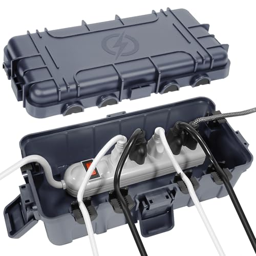 OUTDSPLY Medium Outdoor Electrical Box (11.6x5.2x4.1 inch), IP54 Waterproof Extension Cord Cover w/ 6 Cable Entry, Weatherproof Connection Box for Power Strip, Plug, Timer, Holiday Lights, Gray