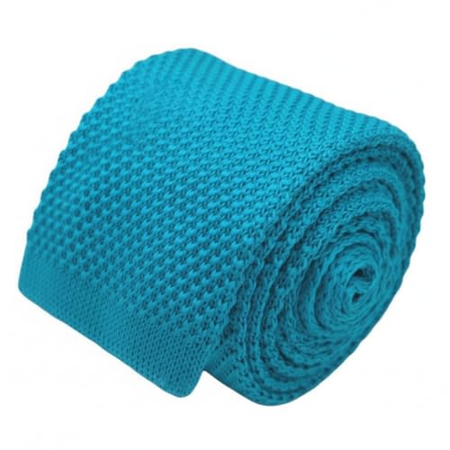 Ecravate Cravate Tricot Uni, Polyester, Bout Carré, Slim, 146x5,5cm. Bleu Turquoise Soutenu