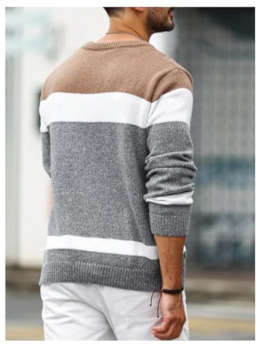 Verdusa Men's Striped Color Block Sweater Crew Neck Long Sleeve Chunky Knit Casual Pullovers2