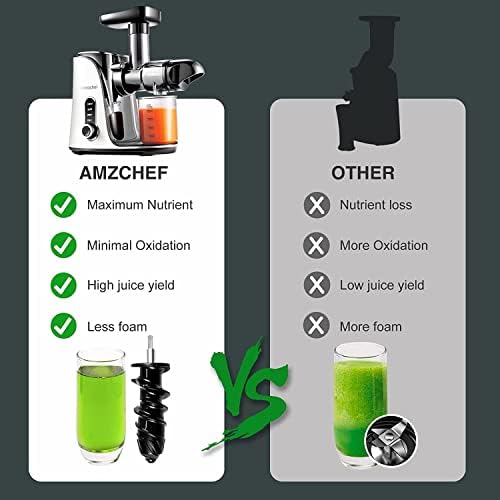 AMZCHEF Cold Press Sokowirówka do Owoców/Warzyw z 2 Prędkościami - Wyciskarka do Soków z Ultra Gęstym Filtrem - Wolnoobrotowa Sokowirówka do Całych Owoców i Warzyw - 1 Butelka i 2 Kubki - Biały