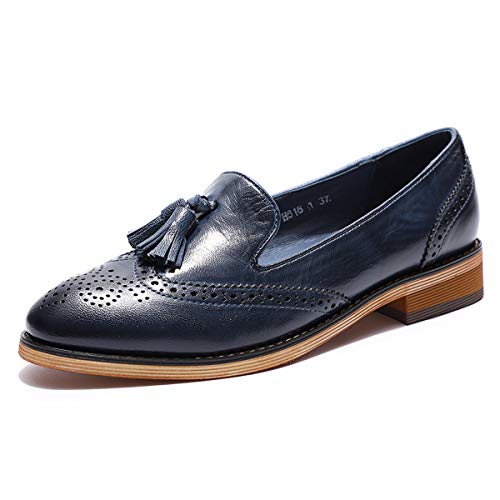 Image of Mona flying Women's Leather Tassel Loafers Slip on Brogue Flat Office Shoes