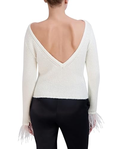 Image of BCBGMAXAZRIA Women's Boat Neck Long Sleeve Feather Cuff Sweater Top