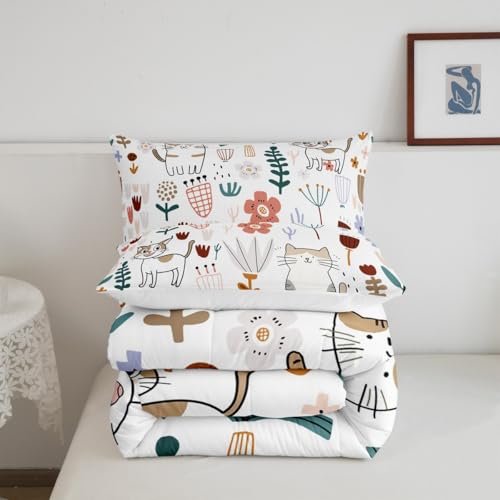 Image of Feelyou Cat Comforter Set - Toddler Size, Cute Kitten Print Duvet Set for Kids, Cat Lover's Animal Botanical Plant Room Decor